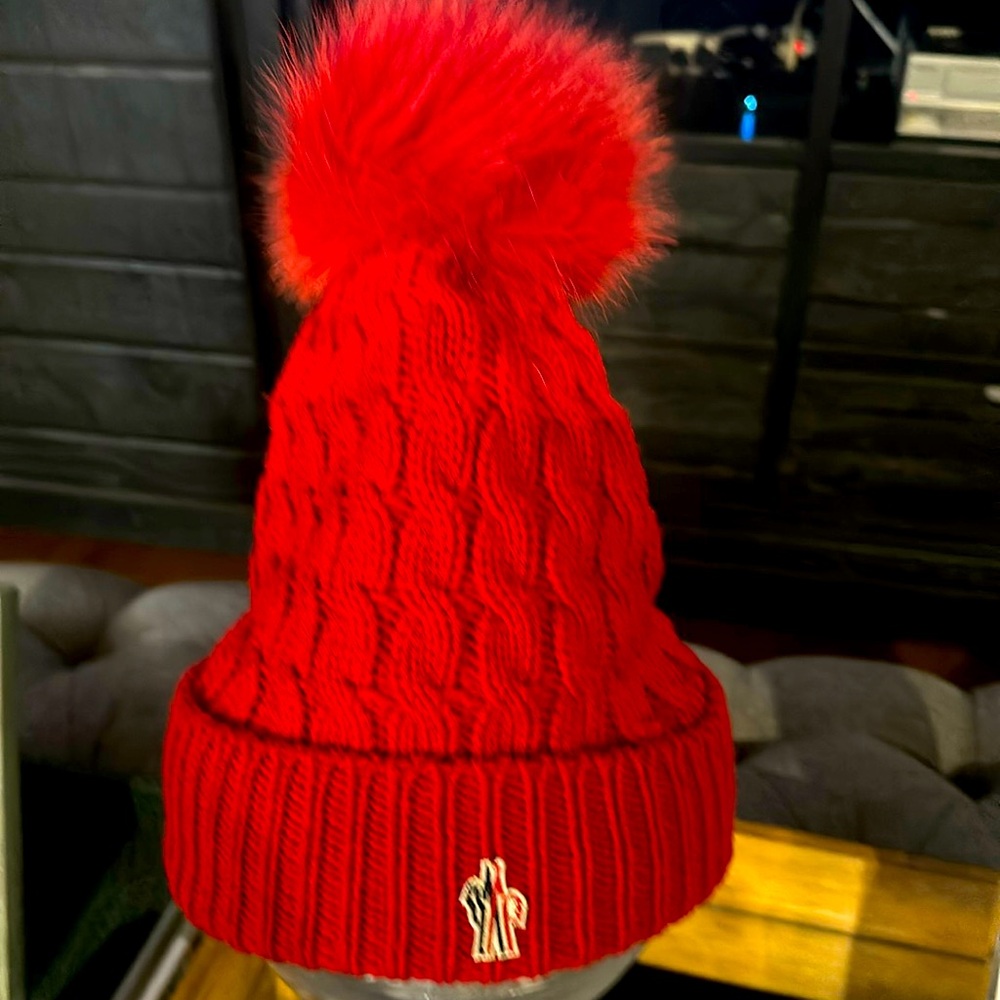 Moncler red dyed fox wool hat.